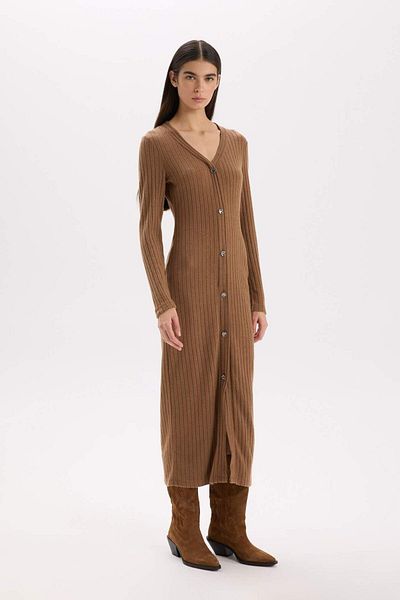DeFacto Rochie midi cu decolteu în V, cu nervuri, cu mâneci lungi, cu nasturi, bodycon B3261AX24WN