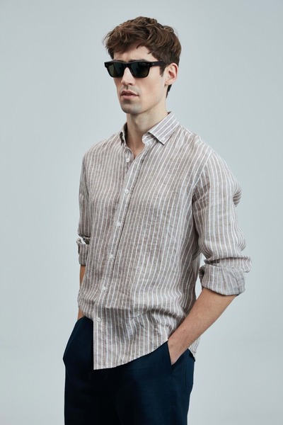 Lufian 111010632 Alfred Men's Linen Cotton Shirt Regular Fit Men's Shirt Beige