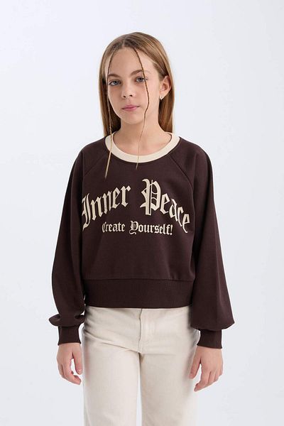 DeFacto Girls' Relax Fit Crew Neck Printed Inside Soft Feather Sweatshirt D7042A824Wn