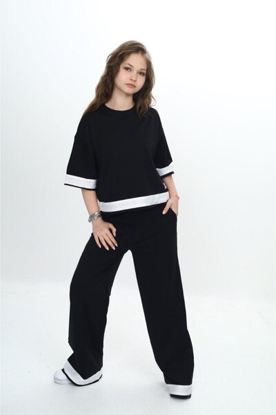 Asortix Girls' 100% Cotton Short Sleeve Garnished Three Quarter Sleeve 2 Thread Bottom & Top Tracksuit Set-285