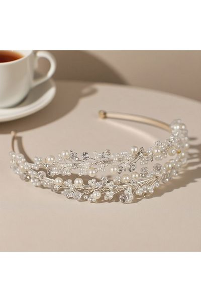 Generic Elegant White Pearl Bridal Headdress, Bridal Headdress Double Row Pearl Headband