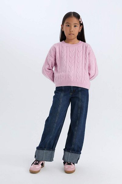DeFacto Crop-Strickpullover mit Rundhalsausschnitt und geflochtenem Haar für Mädchen C9731a824au