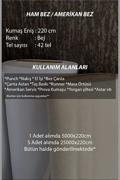 KAMİZ 50 Metre (1 Top) Amerikan Bezi Kumaş - Ham Bez Kumaş - Punch Kumaş - Kırlent-Masa Örtüsü -Astar