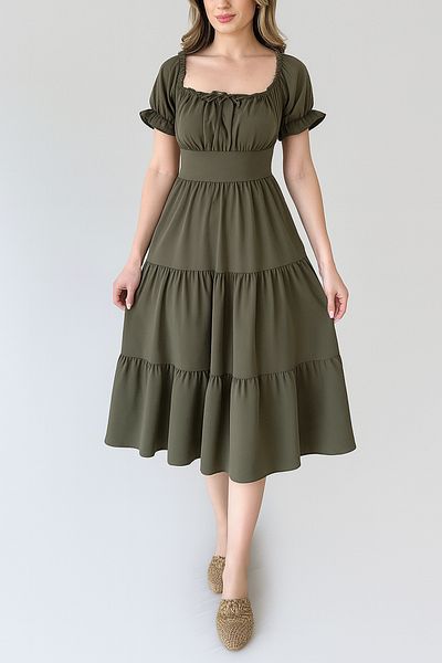 MILANOFOX Khaki Square/Madonna Neckline Elastic Linda Ayrobin Midi Dress - Comfortable, Stylish and Casual Summer Model