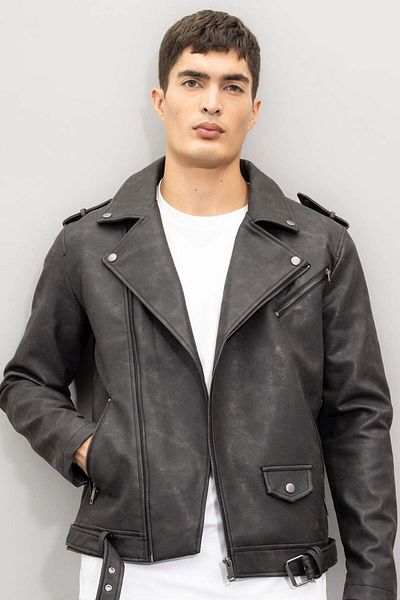 DeFacto Water Repellent Faux Leather Coat Jacket Seasonal with Zipper Pockets C4862Ax24Wn