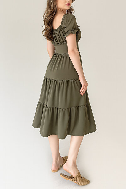 MILANOFOX Μίντι φόρεμα Linda Ayrobin με τετράγωνο χακί/ελαστικό γιακά Madonna - Άνετο, κομψό και καθημερινό καλοκαιρινό μοντέλο