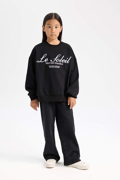 DeFacto Übergroßes, weit geschnittenes, bedrucktes Sweatshirt für Mädchen mit Rundhalsausschnitt D4381A824WN