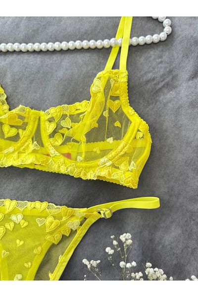 SİLVER MİRROR Lemon Love Heart Patterned Lace Bra Panty Set