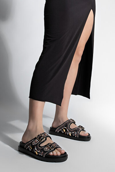 Marjin Women's Genuine Leather Double Strap Beaded Stone Daily Slippers Ritola Black