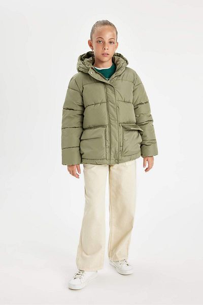 DeFacto Girls' Water Repellent down Jacket with Hood Fleece Lined Zipper Pocket C5490A824Au