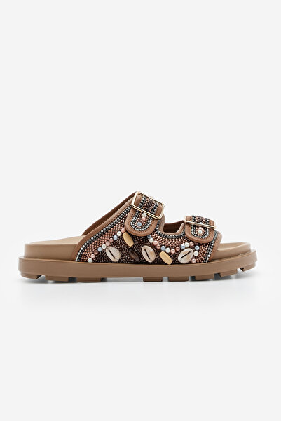 Marjin Γυναικείες παντόφλες από γνήσιο δέρμα - Διπλό λουράκι, χάντρες και λεπτομέρεια από πέτρα, Casual Ritola Tan