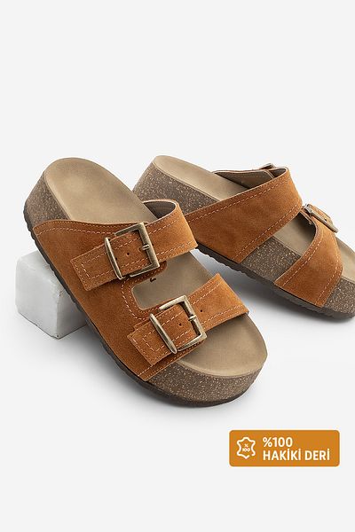 Marjin Women's Genuine Leather Double Banded Cork High Sole Daily Slippers Roneta Tan Suede