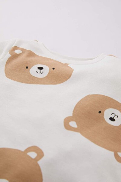 DeFacto Súprava chlapčenského pyžama pre bábätko – potlač medveďa, výstrih, dlhý rukáv D5348A524Wn