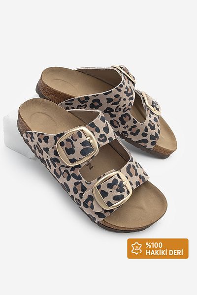 Marjin Γυναικείες παντόφλες Poly Beige Leopard - Γνήσιο δέρμα, Διπλές Ζώνες, Σόλα Eva