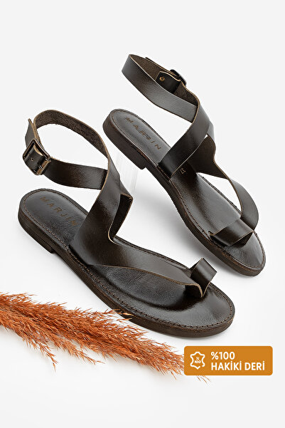 Marjin Dámské sandály z pravé kůže – žabky, pásek ke kotníkům, ležérní Vedor Brown