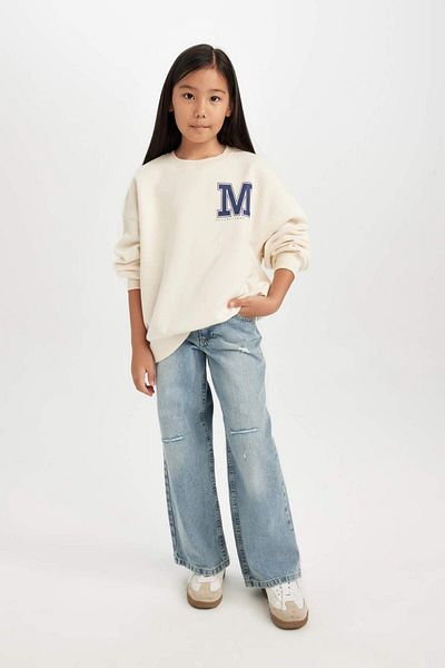 DeFacto Übergroßes, breites, bedrucktes Sweatshirt mit Rundhalsausschnitt für Mädchen D4383A824WN
