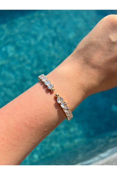 BEREN KILIÇ Gold Heart Detailed Zircon Stone Steel Bracelet Handcuff Gift Bracelet Gift for Friend Lover