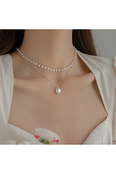 Home Paslanmaz Çelik Çift Katmanlı Zarif İnci Kolye – Altın Sarısı Vintage Stil Şıklık