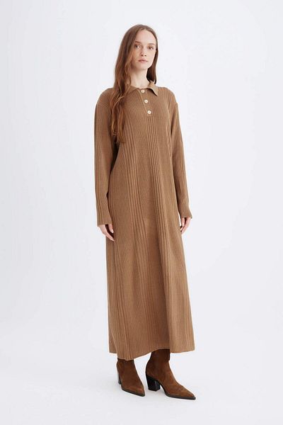 DeFacto Rochie de bază, simplă, maxi, cu decolteu polo, cu ajustare normală D5434AX24WN