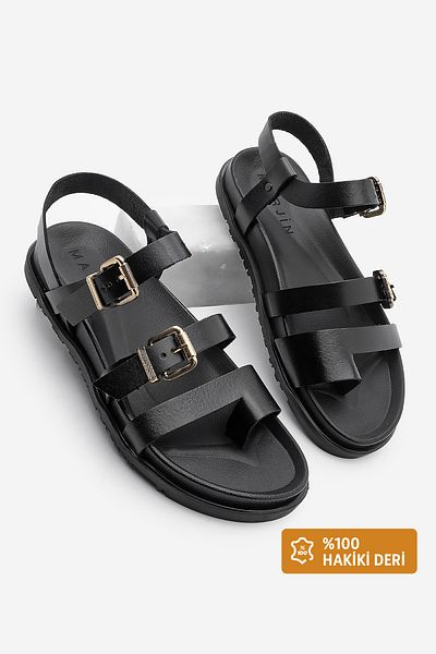 Marjin Damen-Sandalen aus echtem Leder – Flip-Flops, Schnallen, lässige schwarze Tusa