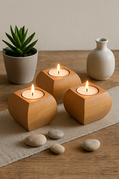 Mismuka %100 Doğal Ahşap Mumluk | 3'lü Set | Dekoratif, Şık Ve Minimal Tasarım