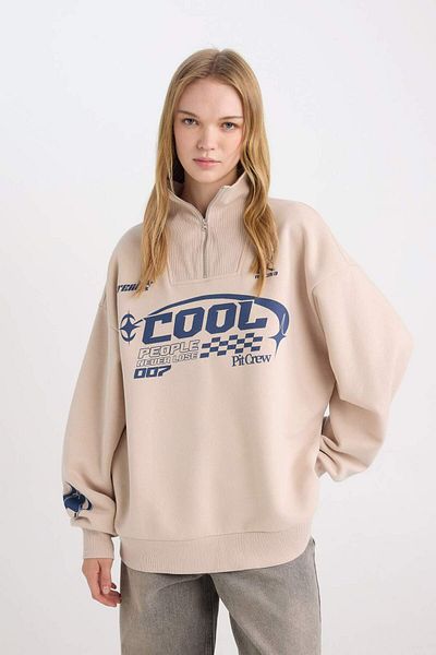 DeFacto Coool Oversize Wide Fit Half Zipper Printed Thick Sweatshirt D7565Ax24Wn