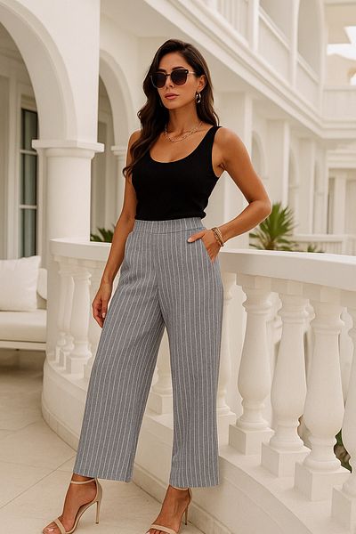 Rich Women's Striped High Waist Elastic Side Pocket Woven Pants