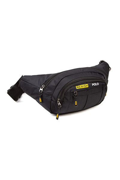 Newish Polo Erkek Kumaş USB Kulaklık Çıkışlı Crossbody Çapraz Göğüs Omuz ve Bel Çantası Siyah - Sarı