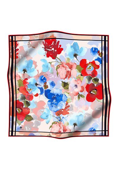 Vissona 100% mătase twill model flori pictate cu apă roșu - culoare albastru bebeluș 90x90 eșarfă formă de plantare: manual