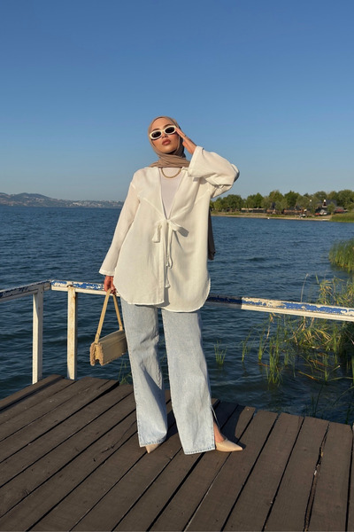 Yefrastore White Flam Linen Kimono Shirt