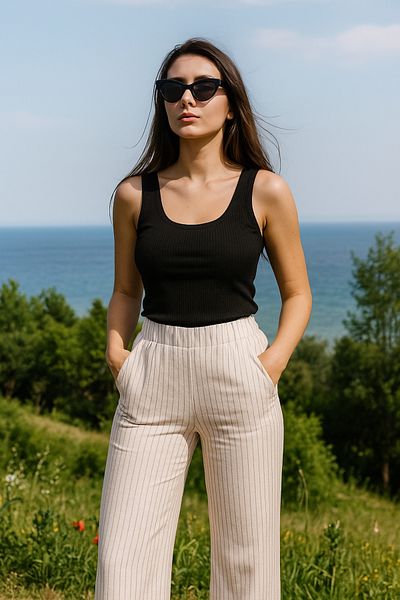 Rich Women's Striped High Waist Elastic Side Pocket Woven Pants