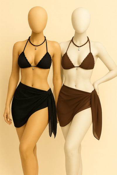 voops Pareo de plajă din 2 bucăți din tul negru și maro cu margine overlock 150x50