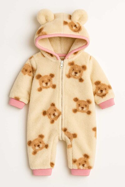 Baby Blue Babyblue Winter Teddy Bear Patterned Welsoft Jumpsuit with Hat and Shoes 100% Cotton