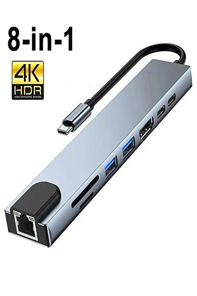 evotech Type C 8 Port Adaptör 4k Hdmı - Usb 3.0 - Type-c Kart Okuyucu - Gigabit Eternet