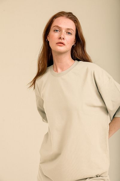 GUARAZ Women's Cream Oversize Crew Neck 100% Organic Cotton Plain Basic Summer T-Shirt