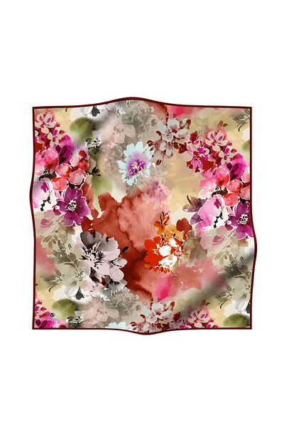 Vissona Twill Silk Flower Pattern Scarf 90X90 Sewing Hand Sewing - Burgundy Red Color