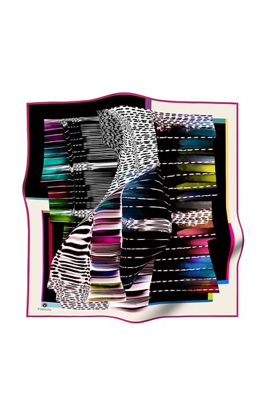 Vissona 100% Twill Silk Geometric Patterned Black - Fuchsia Colored 90X90 Scarf Sewing Shape: Hand Sewing