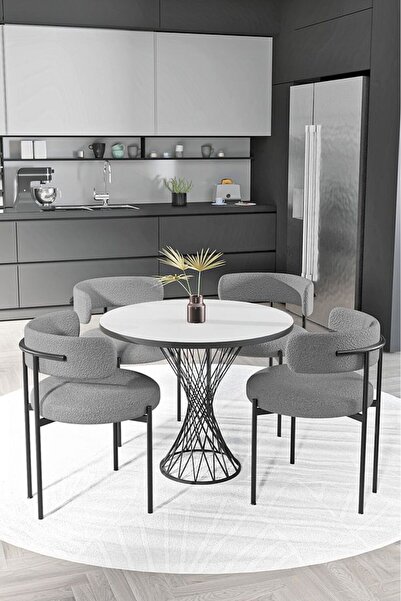 AVVİO Metal Teddy Sandalye 90x90 Yuvarlak Kum Saati Ayak Mutfak Masası Takımı...