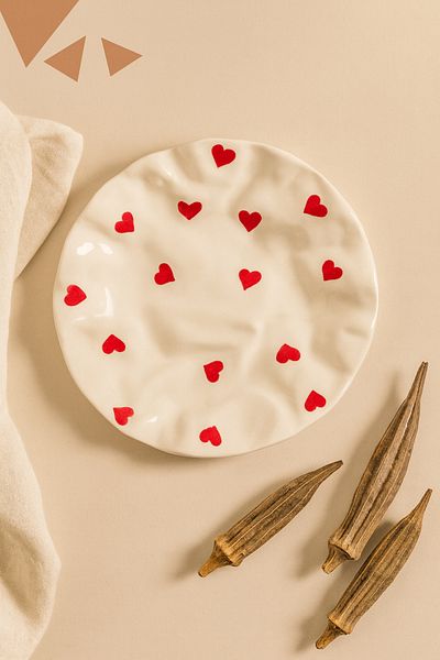 Anadolu Saray 1 Pcs Ceramic Heart Detailed Crinkle Design Handmade Pastry Food Presentation Plate Dessert Breakfast Plate