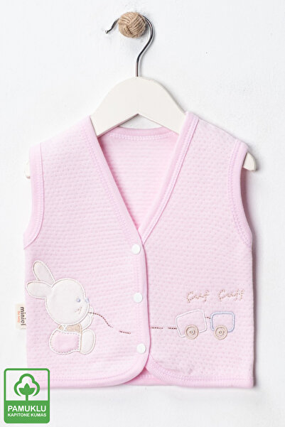 Miniel Baby Girl Rabbit Embroidered Organic Cotton 3-6-9 Months 2-Piece Quilted Baby Vest - Pink