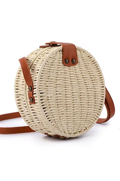 Jasmina yuvarlak deri saplı hasır çanta