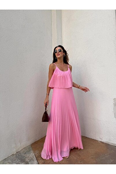 Maldia Shop Kadın Pliseli Şifon Pembe Elbise