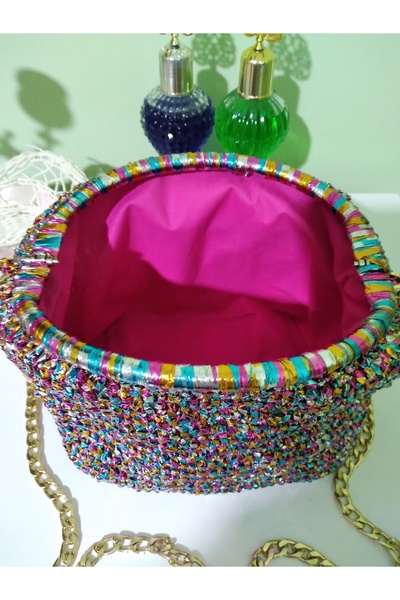 İLHAN El örgüsü  hasır  kağıt ip,burslu ,zincirli el çantası