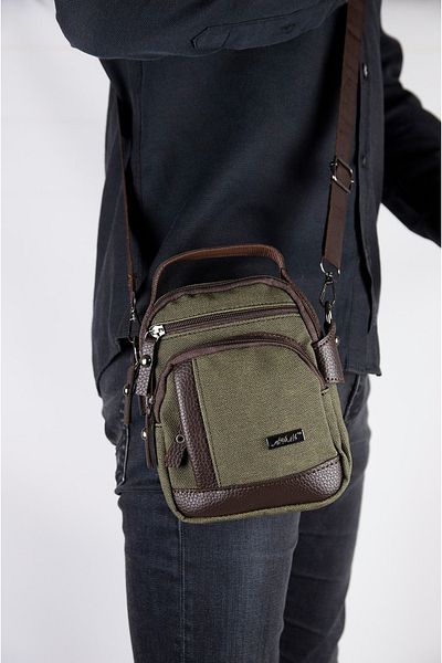 İMAKS Canvas Tarpaulin Fabric Medium Size Leather Detail Men's Daily Hand Shoulder Strap Bag Khaki A101
