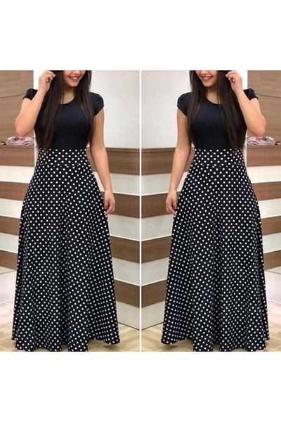 modamtn Women's Short Sleeve Score Pattern Full Length Crepe Dress