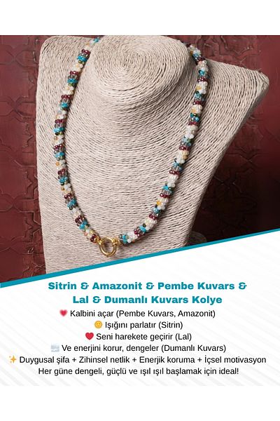 Saff Doğal Taş Certified Citrine & Amazonite & Pink Quartz & Garnet & Smoky Quartz Necklace