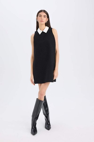 DeFacto Rochie neagră mini fără mâneci din tweed simplu, cu guler de cămașă, D2869AX24AU