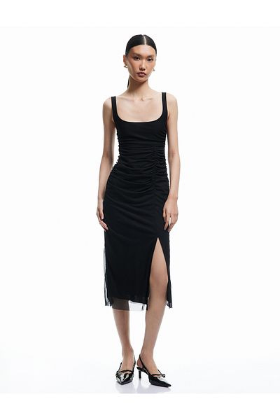 Koton Lined Drape Detail Slim Fit Square Neck Strap Midi Dress