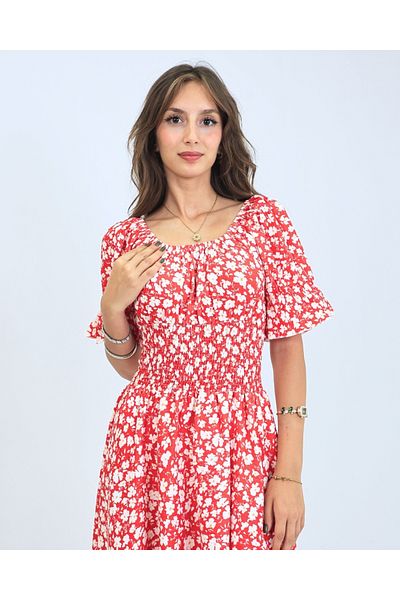 fh fashionhere Gipeli Balloon Sleeve Square Neck Red Off-Shoulder Floral Print Flared Wrap Women's Dress