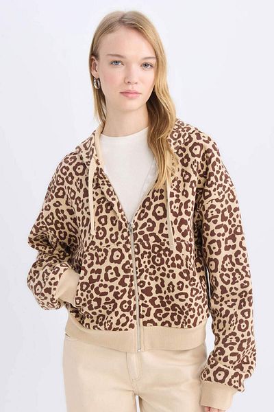 DeFacto Hanorac cu imprimeu leopard - Cool Loose Fit cu glugă și fermoar E0780AX24WN